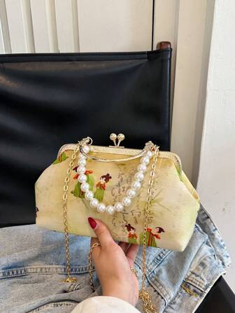 书法和人物印花手提包，精致图案搭配浅绿色底色提花布，适合派对、婚礼、舞会、晚会/晚宴，可搭配婚礼/礼服/舞会礼服/生日礼服。适合 20-45 岁女性，可作为母亲节礼物、生日礼物等。