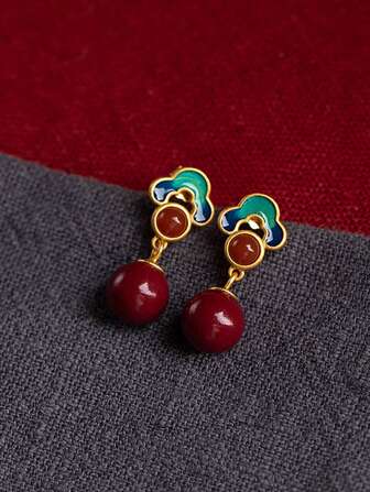 1 件镀金复古蜂窝琥珀耳环，优雅高端复古宫廷风格耳钉吊坠耳环适合女性日常佩戴