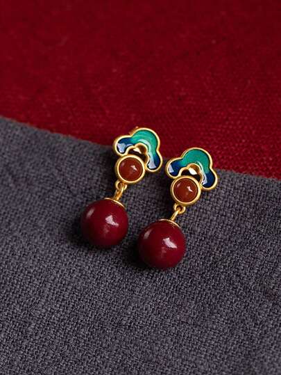 1pc Gilded Vintage Honeycomb Amber Earring, Elegant High-End Retro Palace Style Ear Stud Pendant Earrings Suitable For Women's Daily Wear