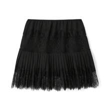 Women Floral Lace Mini Skirt Y2K Summer Lace Slip Skirt Pleated Ruffle Tiered Short Skirts Underskirt - màu đen - Xem 6
