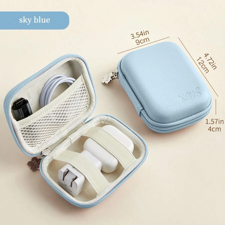 EVA Leather Earphone Case, Data Cable Charger Adapter USB Flash Drive Hard Case Shock-Proof Anti-Pressure Storage Box; Candy Color PU Leather Photo Printer Storage Box Scratch-Resistant Durable; Small Camera Storage Pouch - Baby Blue - View 1