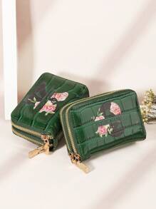 个性化鳄鱼印花字母花朵图案时尚多卡位双拉链钱包，短钱包情人节、母亲节、生日礼物情人钱包和包包女士 - 綠色 - 查看 9