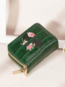 个性化鳄鱼印花字母花朵图案时尚多卡位双拉链钱包，短钱包情人节、母亲节、生日礼物情人钱包和包包女士 - 綠色 - 查看 5