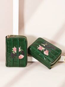 个性化鳄鱼印花字母花朵图案时尚多卡位双拉链钱包，短钱包情人节、母亲节、生日礼物情人钱包和包包女士 - 綠色 - 查看 8