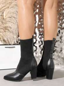 Giày bốt co giãn, có tay áo, kiểu dáng ôm sát, gót dày, bốt cổ ngắn và bốt hở gót, mũi nhọn, gót cao, kiểu đan lát, màu đen, đa năng, giữ ấm. - màu đen - Xem 5