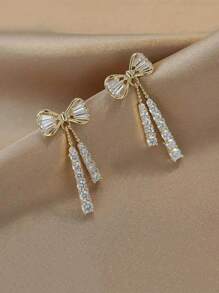 1pair Shiny Bowknot Shaped Crystal Dangle Earrings With Tassel For Women, Gift Valentines