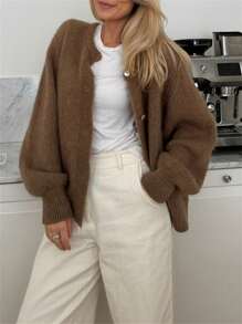 Women's Solid Color Cardigan Fuzzy Long Sleeve Button Down Sweater Soft Knit Tops Outerwear - 卡其色 - 查看 7