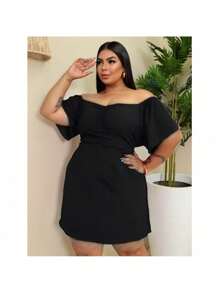 Plus Size Summer Off-The-Shoulder Romper Dress - 黑色 - 查看 3