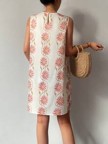 舒适假日休闲女式夏季花卉印花立体图案圆领无袖直筒连衣裙 - 彩色 - 查看 2