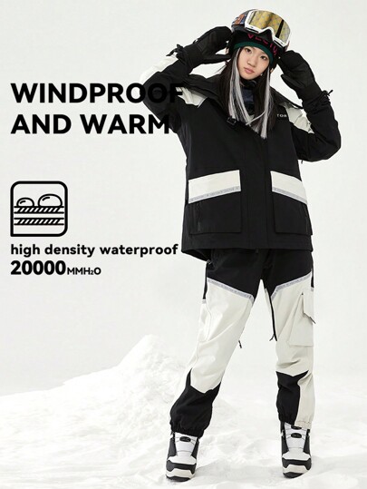 VECTOR MOTION Ski Suit Set - Colorblock Hooded Ski Jacket And Tapered Ski Pants, , Padded, Windproof, Waterproof, Warm, Abrasion-Resistant, Breathable, Stretchy, Lightweight Thermal Lined , For Single/Double Board Skiing