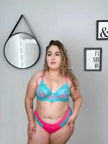 Plus Size Lingerie Set In Neon Colors With Underwire Quality Lace Bra And Panties - Mint Blue - View 1