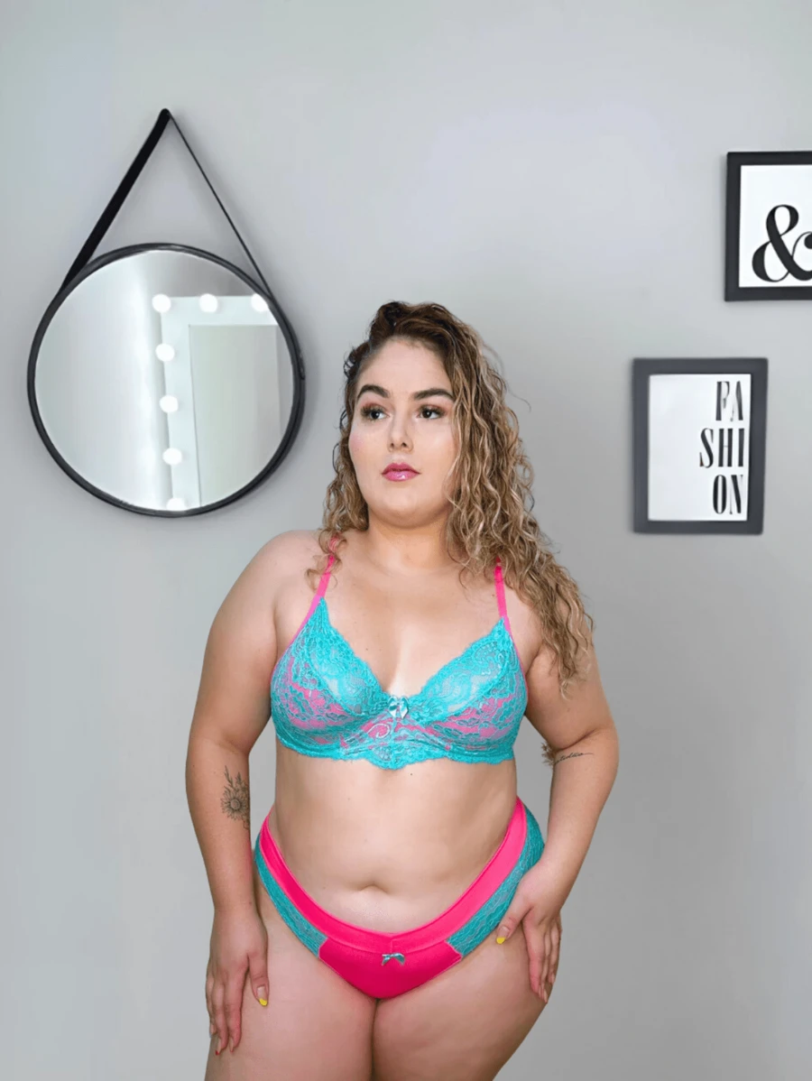 Plus Size Lingerie Set In Neon Colors With Underwire Quality Lace Bra And Panties - Mint Blue - View 1
