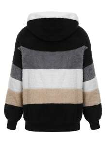 Women Contrast Color Hooded Coat, Long Sleeve Zip-Up Plush Tops For Spring, Autumn - Black - View 3