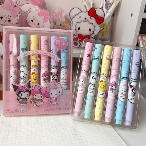 Sanrio Conjunto de 6 marcadores de texto Sanrio Neon - 6 canetas marca-texto neon multicoloridas com estampa Hello Kitty e seus amigos, ponta macia, canetas marcadoras multiuso, adequadas para maiores de 14 anos, para anotações e destaques, volta às aulas