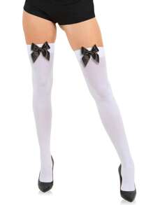 1 par de meias sensuais com laço na coxa, meias pretas e brancas com decoração de laço, meias versáteis da moda para mulheres, adequadas para decorações de festa de Natal, apresentações de palco, cosplay, eventos e festas
