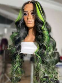 Parrucca frontale in pizzo con onde del corpo, capelli umani brasiliani colorati sfumati, 30-34 pollici, colore verde evidenziato, parrucca frontale in pizzo Remy pre-strappata per donne