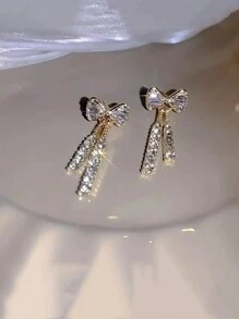 1pair Shiny Bowknot Shaped Crystal Dangle Earrings With Tassel For Women, Gift Valentines