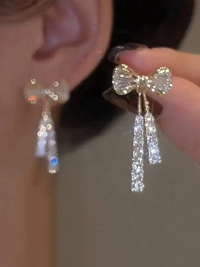 eTel LiKe 1pair Shiny Bowknot Shaped Crystal Dangle Earrings With Tassel For Women, Gift Valentines