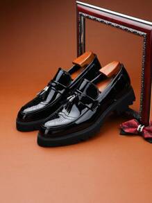 New Stylish Men Shiny Pointed Toe Flats, Thick Sole Elevator Shoes, Tassel Decor Loafers, Low Top Slip-On Formal Party Shoes, Simplistic Work Brogue Oxford, Size Run Small - Black - View 6