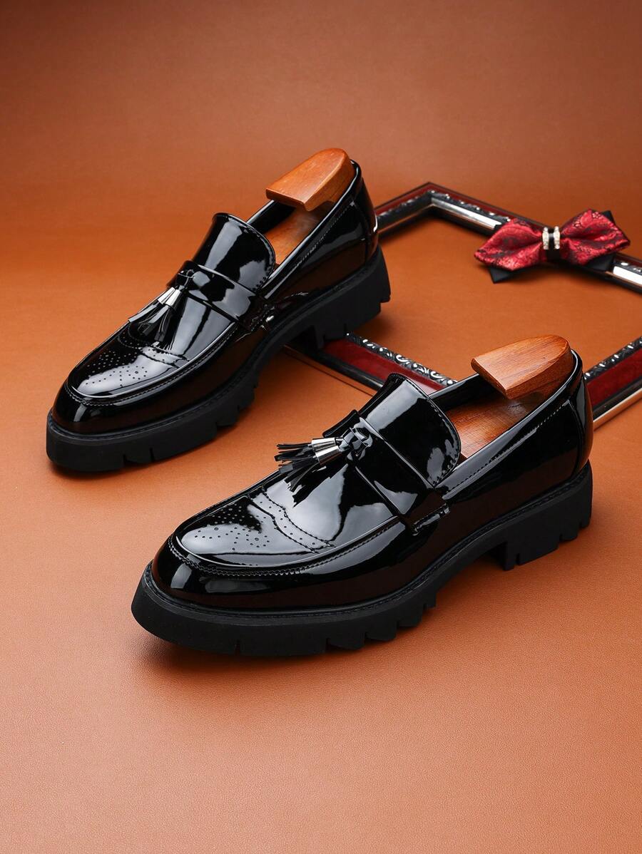 New Stylish Men Shiny Pointed Toe Flats, Thick Sole Elevator Shoes, Tassel Decor Loafers, Low Top Slip-On Formal Party Shoes, Simplistic Work Brogue Oxford, Size Run Small