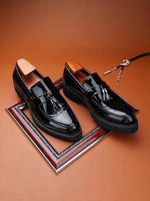 New Stylish Men Shiny Pointed Toe Flats, Thick Sole Elevator Shoes, Tassel Decor Loafers, Low Top Slip-On Formal Party Shoes, Simplistic Work Brogue Oxford, Size Run Small - Black - View 5