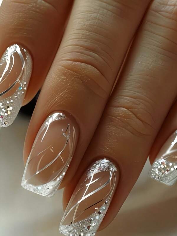 Instantly Upgrade Your Look With 24pcs Medium Square Press On Nails Set Simple Elegant Silver Stripe Silver Glitter Sequin Fake Nails Full Coverage Fake Nail Tips For Women And Girls Includes 1 Sheet Adhesive Tabs & 1 Pc Mini File Strip Jelly Gel Random Shipment