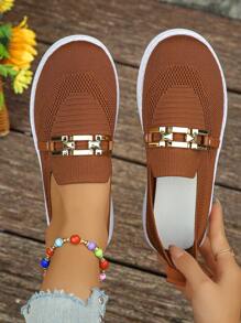 女士金属装饰舒适防滑针织透气棕色运动鞋，运动风格休闲鞋，适合秋季日常穿着，软底跑步鞋 - 棕色 - 查看 2