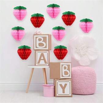 6 stuks aardbeiendecoratie rode en roze papieren pompons, honingraatballen, lantaarns slinger, geschikt voor klaslokalen, verjaardagen, bruidsdouches, decoraties
