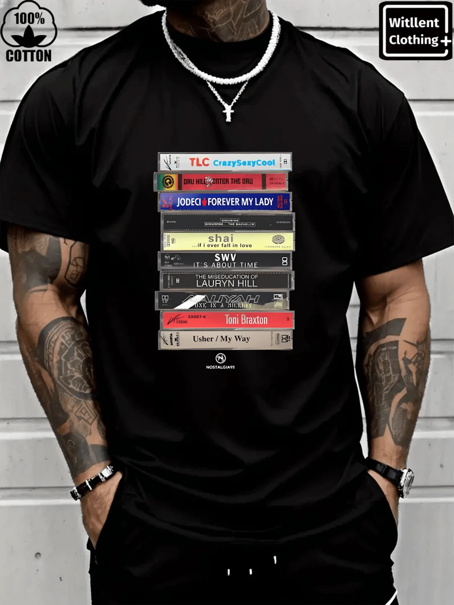 Witllent Men's 100% Cotton Vintage 90s R&B Cassette Tape T-Shirt Music Graphic T-Shirt, Men's Christmas 220g Heavy Cotton T-Shirt(1 PC) - màu đen - Xem 1