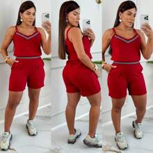 Women's Set Blouse Strappy Shorts With Elastic Summer Crepe Knit - Đỏ - Xem 1