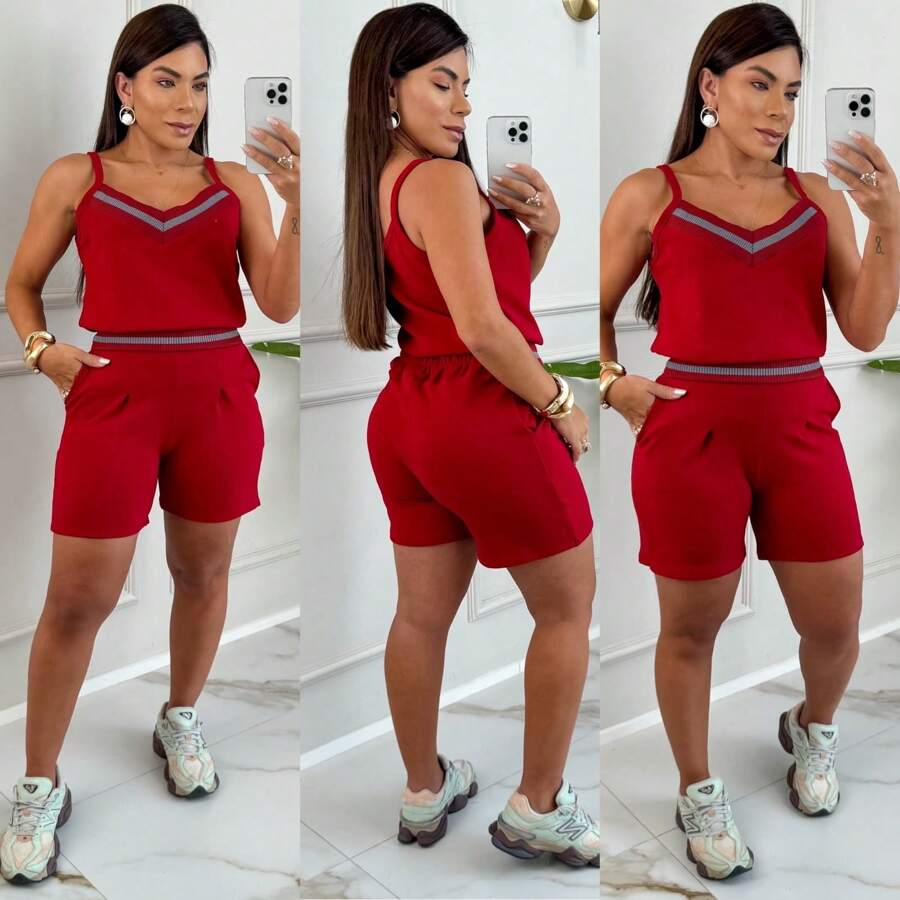 Women's Set Blouse Strappy Shorts With Elastic Summer Crepe Knit - Đỏ - Xem 1