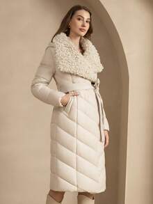 ZIAI Borg Collar Belted Padded Coat - Beige - View 3