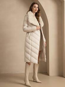 ZIAI Borg Collar Belted Padded Coat - Beige - View 5