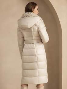 ZIAI Borg Collar Belted Padded Coat - Beige - View 6