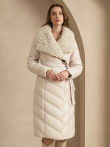 ZIAI Borg Collar Belted Padded Coat - Beige - View 4