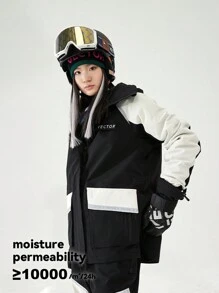 VECTOR MOTION Kontrast-Farbener Skijacke mit Kapuze, Unisex, Gefüttert, Winddicht, Wasserdicht, wärmeisolierend, Abriebfest, atmungsaktiv, elastisch, leichter Fleece, geeignet für Einzel-/Doppel-Ski