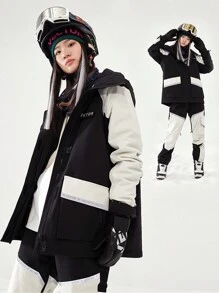 VECTOR MOTION Kontrast-Farbener Skijacke mit Kapuze, Unisex, Gefüttert, Winddicht, Wasserdicht, wärmeisolierend, Abriebfest, atmungsaktiv, elastisch, leichter Fleece, geeignet für Einzel-/Doppel-Ski