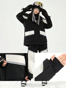 VECTOR MOTION Kontrast-Farbener Skijacke mit Kapuze, Unisex, Gefüttert, Winddicht, Wasserdicht, wärmeisolierend, Abriebfest, atmungsaktiv, elastisch, leichter Fleece, geeignet für Einzel-/Doppel-Ski