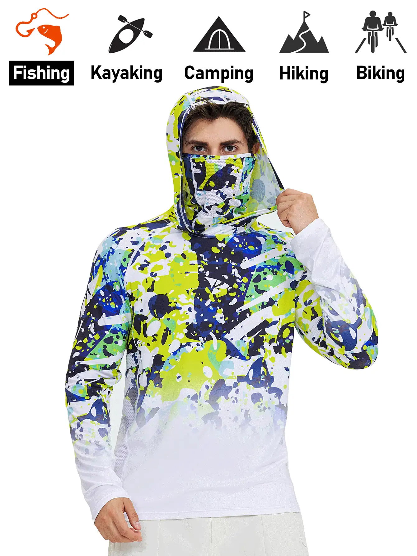 RODEEL 男士连帽T恤，带口罩，渐变印花插肩袖，速干透气，长袖，适合户外运动、钓鱼和徒步旅行。 - 白色 - 查看 8