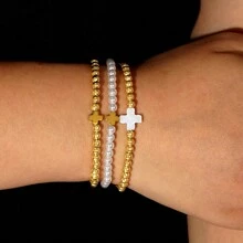 3 件女士手链铜珠金珠镀 18K 金白金时尚简约波西米亚设计女士优雅手链弹力手链金珠串珠女士手链适合日常佩戴适合折叠适合送礼 - 彩色 - 查看 5