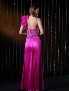 V.DRESSES Pink Satin Slit Cocktail Party Dress With Sequin Details Prom Gowns Graduation Dress - Coral Pink - View 4