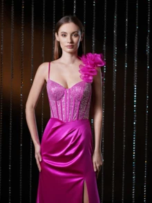 V.DRESSES Pink Satin Slit Cocktail Party Dress With Sequin Details Prom Gowns Graduation Dress - Coral Pink - View 2