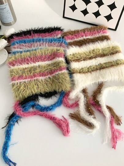 1 件 Y2K 拼色条纹保暖毛绒帽子（带领带），可爱猫耳针织帽，适合女士，秋冬