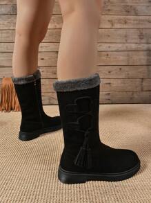 Giày bốt đế dày chống trượt thời trang và thoải mái cho nữ, giày bốt đi tuyết ấm áp và dày bằng nhung và lông thú đa năng mới, giày bốt cao đến giữa bắp chân, màu trơn, thường ngày mùa đông, khóa kéo bên hông - màu đen - Xem 4