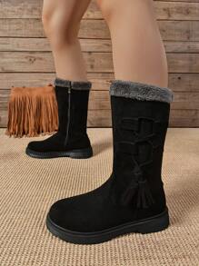 Giày bốt đế dày chống trượt thời trang và thoải mái cho nữ, giày bốt đi tuyết ấm áp và dày bằng nhung và lông thú đa năng mới, giày bốt cao đến giữa bắp chân, màu trơn, thường ngày mùa đông, khóa kéo bên hông - màu đen - Xem 3