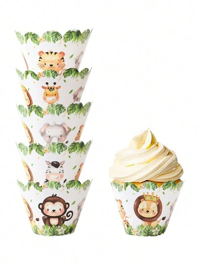 6个丛林动物主题纸杯蛋糕包装纸，适用于生日派对、婚礼、迎婴派对、性别揭晓派对、恐龙主题派对装饰、蛋糕衬垫、蛋糕装饰