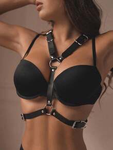 1件女士性感朋克风角色扮演翅膀形PU皮革背带，黑色，适合派对和圣诞节节日 - A - 查看 2