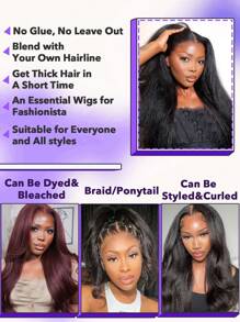 V Part Wigs Human Hair Kinky Straight Wig Yaki Straight Human Hair Wig For Women Afro Kinky Straight Human Hair V Part Wig Glueless Upart Yaki Straight - Natural Black - View 4