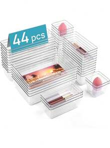 13/25/44pcs Clear Plastic Drawer Organizers Set, 4-Size Versatile Bathroom And Vanity Drawer Organizer Trays, Storage Bins For Makeup, Bedroom, Kitchen Gadgets Utensils And Office - Clear - View 10