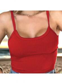 Women's Basic Ribbed Strappy Crop Top Fashion Gringa Blogger Summer 2025 New Year's Eve Christmas New Year Casual New Summer Parties Celebrations Carnival Events Occasions Night Everyday Clubbing Comfortable Elegant Basic - 紅色 - 查看 2